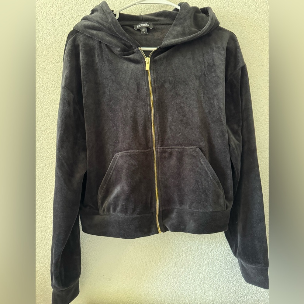 Express Black Velvet Hoodie with Gold-Tone Zipper